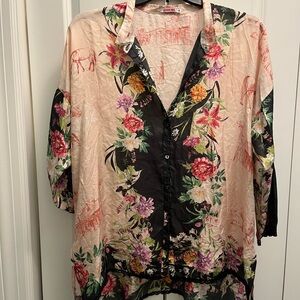 Johhny Was 100% Silk Floral Button Up Blouse Saloon Horse Western Cactus Print M